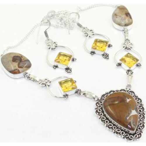 Citrines & Jaspers Necklace + Earings Silver Overlay over Copper , 52cm, N3641