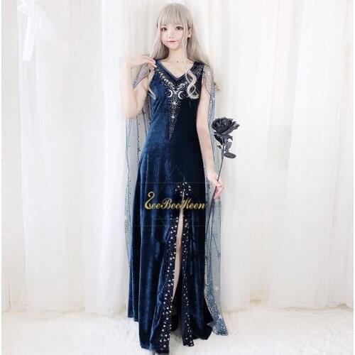 Blue Starry Sky Bride Long Dress Halloween costumes for women Queen Cosplay Adult Sexy Evening Dress Masquerade Party Dress