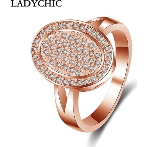 LADYCHIC 2020 New Fashion Rose Gold Color Big Ring for Women Oval Surface with Cubic Zirconia Crystal Inlay Wedding Rings LR1052