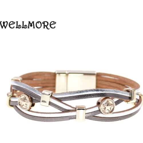 WELLMORE metal charm Leather Bracelets For Women & Men Multiple Layers wrap Bracelets Couple gifts fashion Jewelry wholesale