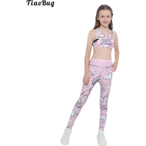 TiaoBug Summer Baby Girls Polyester Cartoon Print 2Pcs Sport Suit Sleeveless Crop Tank Top Cami Shirt Long Pants