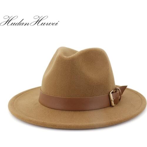 Fashion Men Women Wide Brim Wool Felt Hat Formal Party Jazz Trilby Fedora Hat with Belt Buckle Yellow Orange Rosy Panama Cap