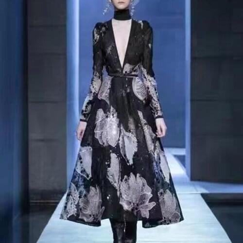 Fashion Designer 2021 Autumn Dress Women New Runway V-Neck Printed Long Sleeve High Quality Party Long Dresses