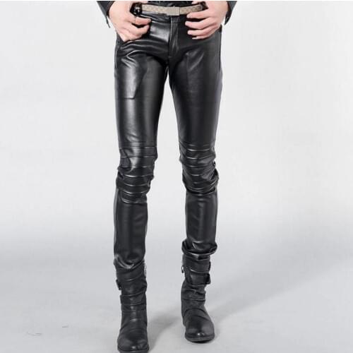 Hot tide stretch black leather pants Men Korean tight autumn winter New PU leather Slim leggings dark blue leather Trousers