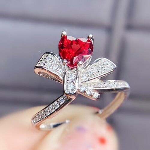 Natural real red garnet love heart bowknot ring Per jewelry 6*6mm 1ct gemstone 925 sterling silver Fine jewelry J21135