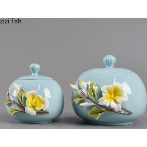 Handmade Flower Relief Tea Jar Ceramic Air-tight Porcelain Pot with Lid Household Tea Caddy Tea Jars Table Desktop Decoration