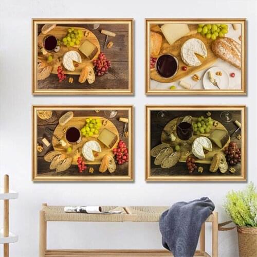 Cheese Bread and Grapes At Wine Tasting Still Life Canvas Painting Prints and Poster Wall Art Kitchen Room Diningroom Decoration