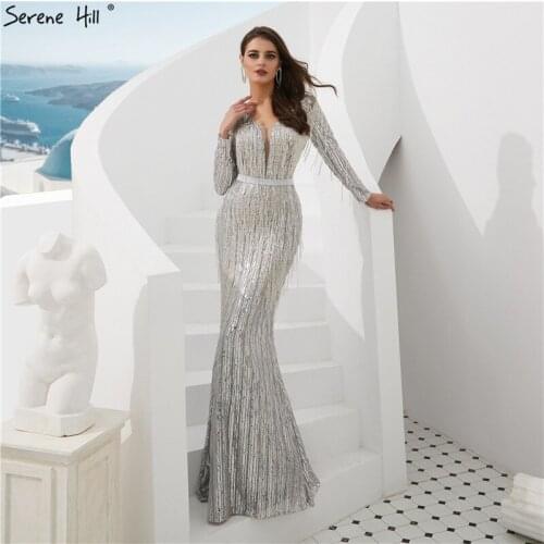 Grey Shaking Mermaid Elegant Sexy Evening Dresses 2020 Long Sleeves Beading Formal Evening Gowns Serene Hill LA6544