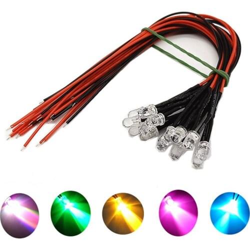 LED 12v 3mm 5mm LED bead diode f3 f5 round dip 20cm wire car light white red green blue yellow pilot lamp 100pcs free shipping