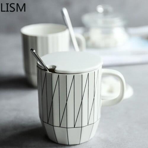 Geometric Nordic Mugs Simple with Spoon with Lid Ceramic White Creative Mug Milk Coffee Mug Morphe Cute Coffee Mug Travel Taza
