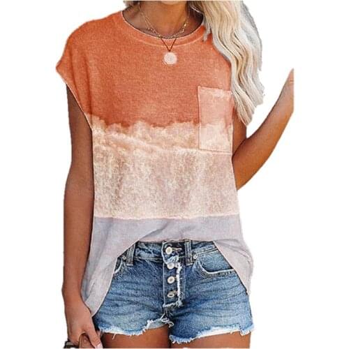 Summer Women Loose T Shirt Short Sleeve Round Neck Fashion Printed Shirts Casual Pullover Pocket Tops Plus Size