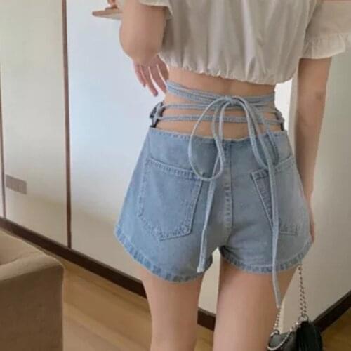 Girl Sexy Denim Shorts Summer New Adjustable Bandage Loose Cold Waist Short Pants Women Wash Water Wide Leg Hot Pants