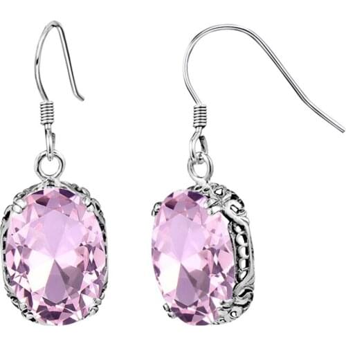 Pink Crystal Solid 925 Sterling Silver Earrings For Women Oval Big Dangle Earrings With Pink Stone Fashion Party Jewelry Rushed