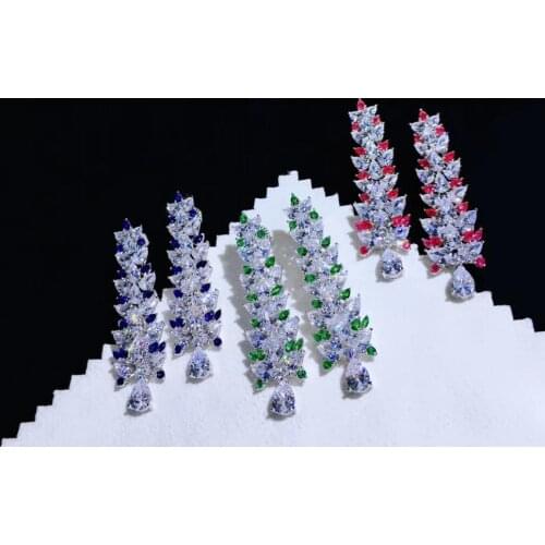 925 sterling silver with cubic zircon tree drop earring red blue green color 13*48MM fine women jewelry for party free shipping
