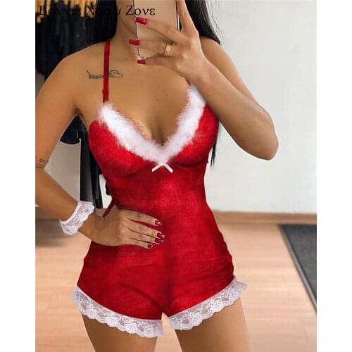 Women V-Neck Bowknot Christmas Print Lace Spaghetti Strap Romper