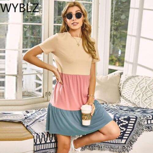 WYBLZ Summer Women T-shirt Dress Casual O Neck Splice Short Sleeve Mini Dresses 2021 Fashion Loose Robe Knee Length Night Dress