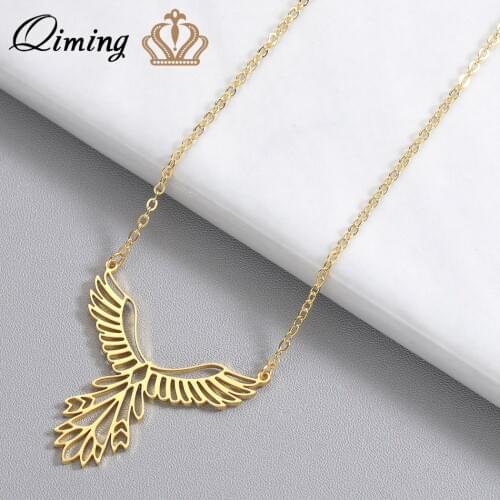 QIMING Delicate Bird Phoenix Necklace Female Women Stainless Steel Jewelry Origami Phenix Pendant Friendship Necklaces Gift