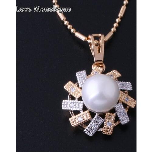 Love Monologue Aesthetic White Simulated Pearl & Cubic Zirconia Yellow Gold Color Pendant Necklace for Womens Jewelry X0066