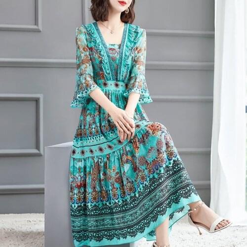 Silk dress womens summer 2021 new western style fashion holiday style printing waist slim white skirt