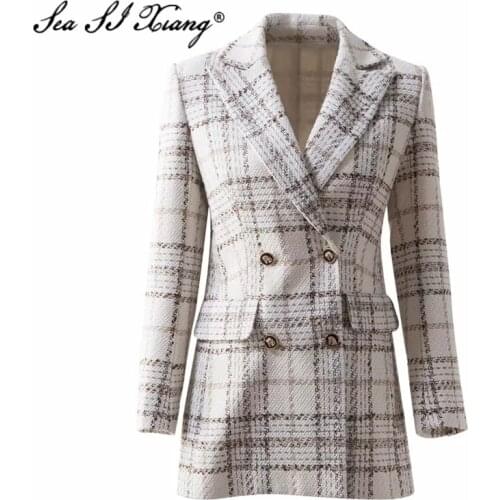 Seasixiang Fashion Designer Autumn Wool Blends Coat Women Turn-down Collar Long Sleeve Double Breasted Long Tweed Outerwear