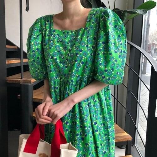 2021 Summer Floral Dress Women New Korean Loose Waist Vintage Long Dress Puff Short Sleeve Lace Up Print Dresses Vestidos 15207