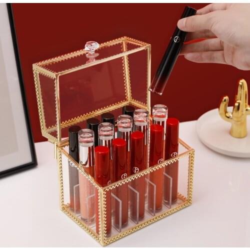 15 Lattice Trapezoid Glass Transparent Makeup Display Rack Lipstick Holder Stand Cosmetic Make up Organizer Box Dropshipping