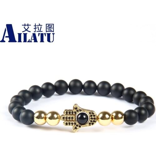 Ailatu On Sale Turkey Powerful Jewelry Natural Stone Black Cz Fatima Hand Hamsa Beaded Bracelet