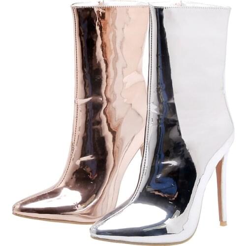 Sexy High Heels Mid-calf Boots Women Fashion Mirror Patent Gold Silver Short Boot Female Pointed Toe Party Fetish Shoes Big Size