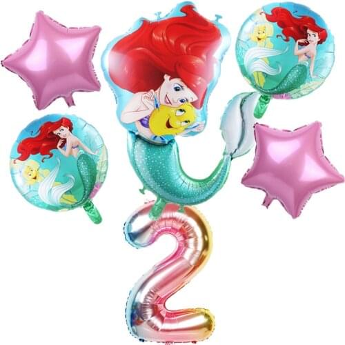 6pcs mermaid Ariel cartoon disney princess foil balloons 32Inch Number baby girl pink air baloes birthday party decor kids toys