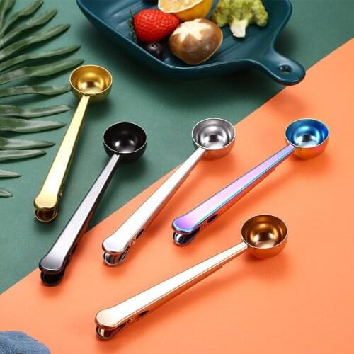 Stainless Steel Coffee Spoon with Sealing Clip Ice Cream Tea Spoons Milk Powder Spoon New Kitchen Accessories Wholesale for Gift