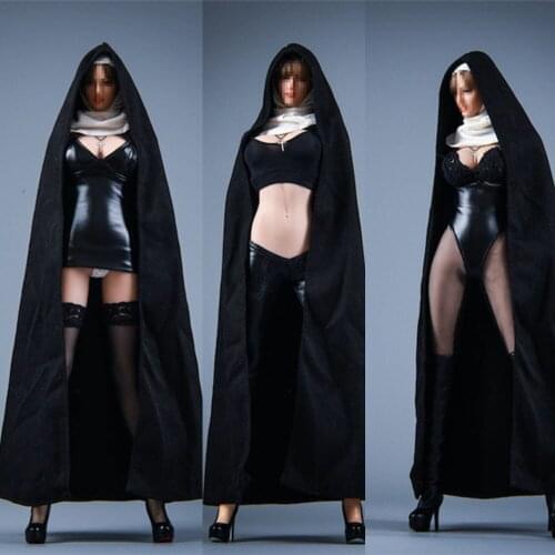 In Stock 19XG60 1/6 Leather Church Girl nun Clothes Cloak Hood Cross Necklace Female PU Clothing Set for 12'' Body