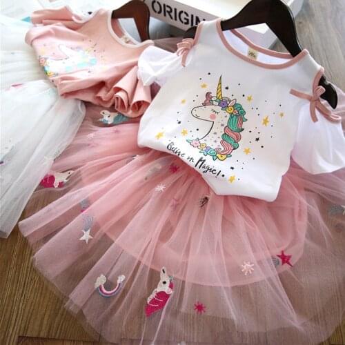 Girl babys birthday party Princess Unicorn print short sleeve 2 piece suit skirt flower girl Unicorn print solid color suit
