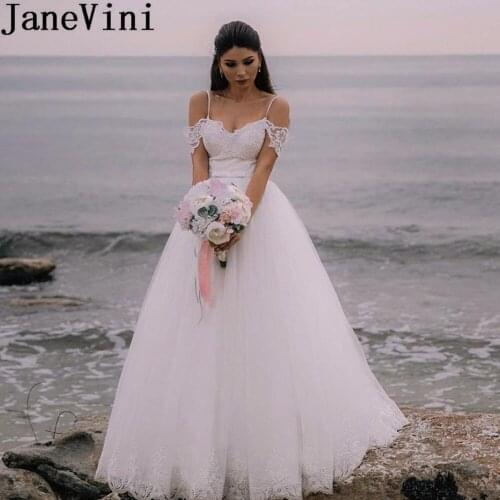 JaneVini 2019 Beach Lace Wedding Dresses Princess Tulle Spaghetti Strap Open Back Bridal Dress Boho White Bride Wedding Gowns
