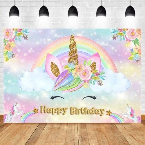 Laeacco Rainbow Unicorn Baby Birthday Backdround Gradient Color Light Bokeh Child Portrait Customize Poster Photography Backdrop