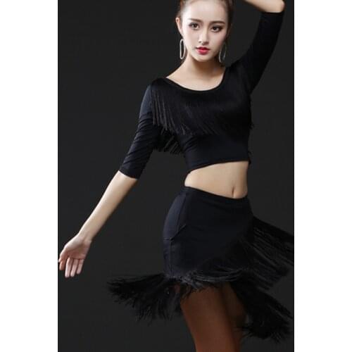 Latin Dance Dress Female Adult Performing Ballroom Tango Cha Cha Latin Dance Dresses New mid Sleeve Tassel Skirt Dance Dress