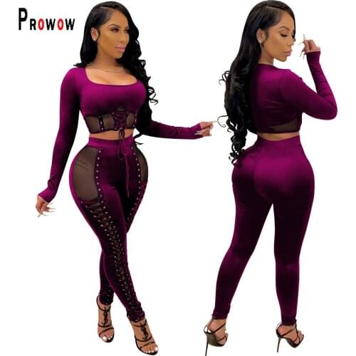 Prowow Skinny Womens Two Piece Matching Set Bandage Perspective Mesh Crop Tops + Long Pant Suits for Woman Solid Color
