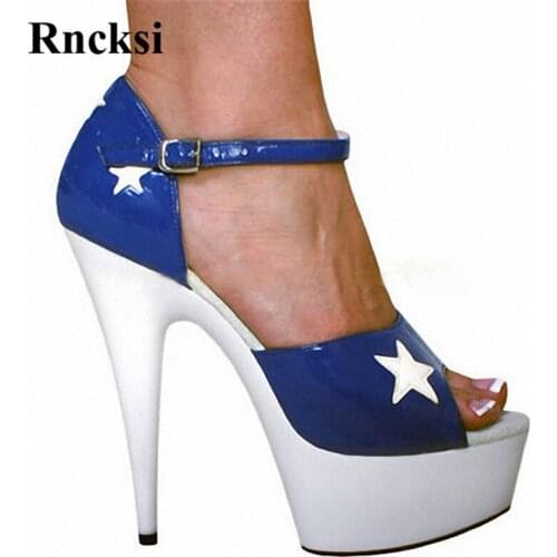 Rncksi Blue Fiver-Star Women Pole Dance Sexy Shoes Night Club Party Sandals Ultra 15cm High Heels Platform Dance Shoes