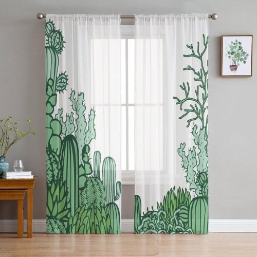 Nordic Cactus Tropical Leaves Tulle Window Curtain for Living Room Modern Sheer Curtain for Bedroom Kitchen Drapes Custom