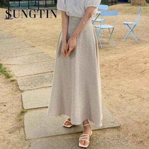 Sungtin Casual Cotton and Linen Long Skirts for Women A Line High Waisted Midi Skirts Simple Summer Fashion Cozy Skirts 2021 New