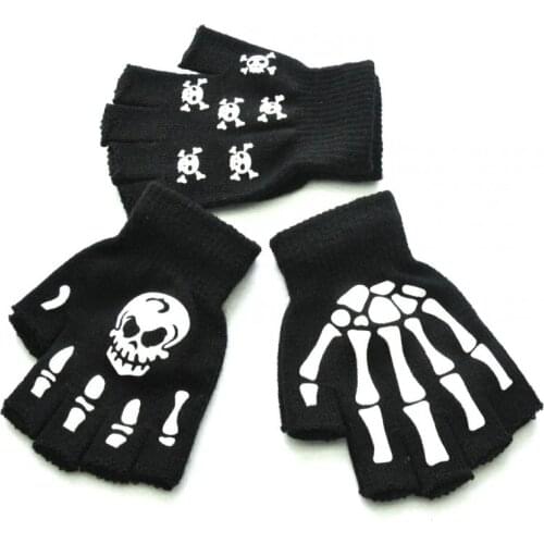 Skull Print Luminous Gloves Knitting Warm Half-finger Glowing In The Dark Fingerless Skeleton Pattern Gloves Unisex