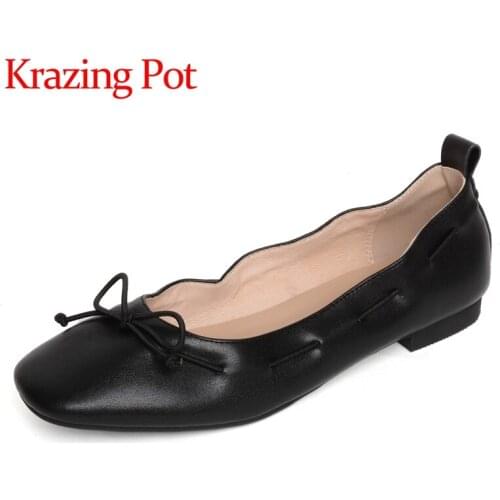 Krazing pot genuine leather square toe shallow butterfly-knot glove shoes preppy style cozy ballet shoes slip on women flats L95