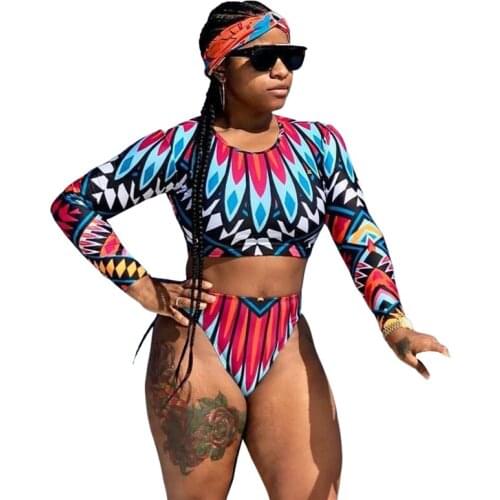 Xingqing Womens Bikini Set Print Long Sleeve Round Neck Cropped Tops and Panty Two-piece Suit Swimming Beach Wear Biquini