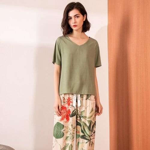 2020 Summer & Spring Floral Printed Ladies Pajamas Set Comfort Cotton Satin Women Color Collision Sleepwear Loose Soft Homewear