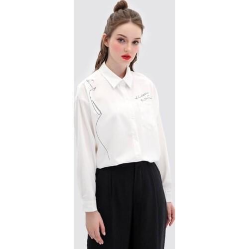 Vintage Letters Printed Shirts For Women Polo Neck Long Sleeve Chiffon Blouse Female 2021 Fall Loose Tops Blousas T032