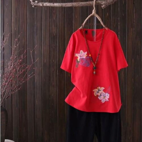 Plus size Embroidery Floral loose women tshirts 2021 summer NEW cotton short sleeve ladies O-neck t shirts female tees top