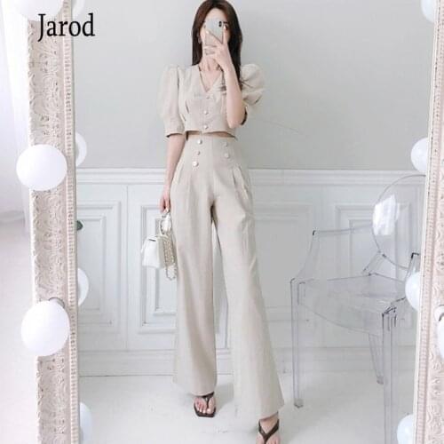 2020 Business Ladies women two piece outfits Formal OL style Elegant Puff short sleeve tops + High waist Long Pants 2 Pieces Set