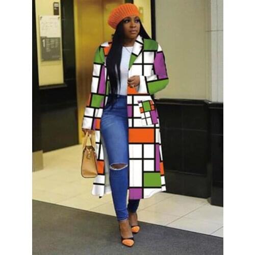 Ladies Trench Coat Fashion Plaid Printing Large Size Loose Long-Sleeved Jackets Casual Long Street Beautiful Windbreaker Women