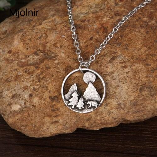 10pcs bear in the mountain necklace pine tree under the moon camping jewelry hiking
