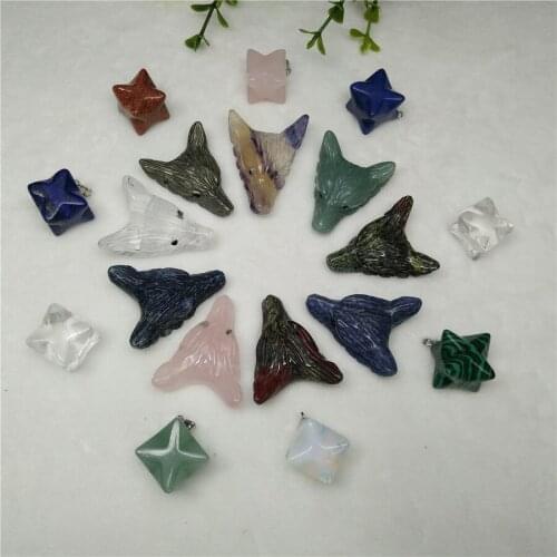 6PCS Handmade Carved Gemstone Wolf Head Merkabah Star Pendant Kit Clear Crystal, Rose Quartz, Pyrite, Blue Sodalite Wholesale