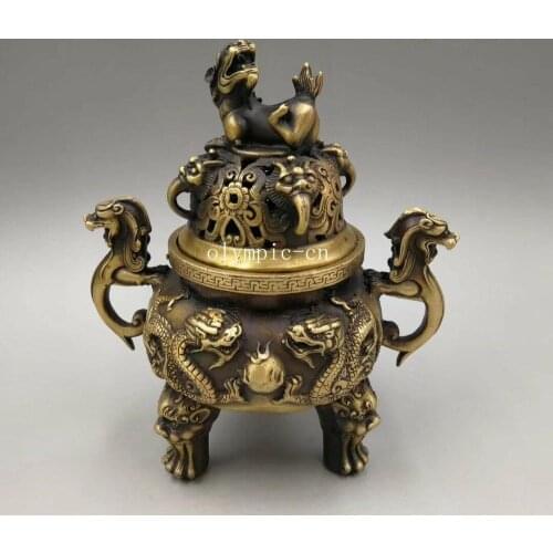 8'' brass copper carvings beast dragon foo dog lion incense burner censer statue